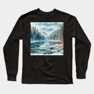 Winter Mountain Forest Lake Winter Landscape Long Sleeve T-Shirt